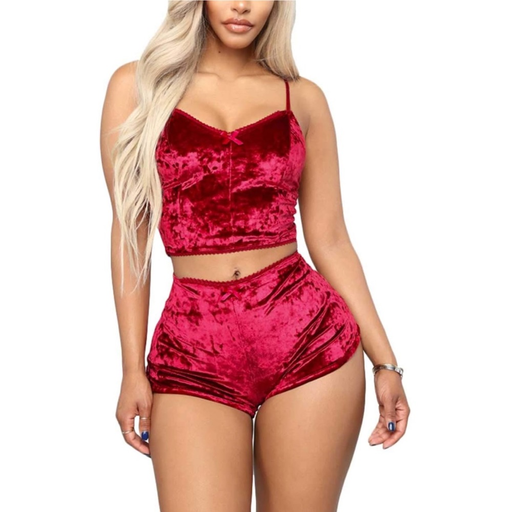 Velvet 2 Piece Crop Top & Shorts Sleepwear Set- Women’s Size Small
